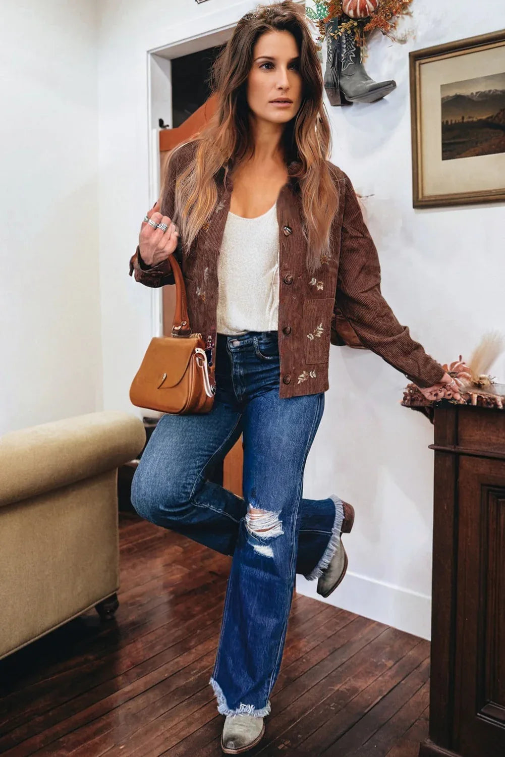 Floral Corduroy Embroidered Button-Front Jacket