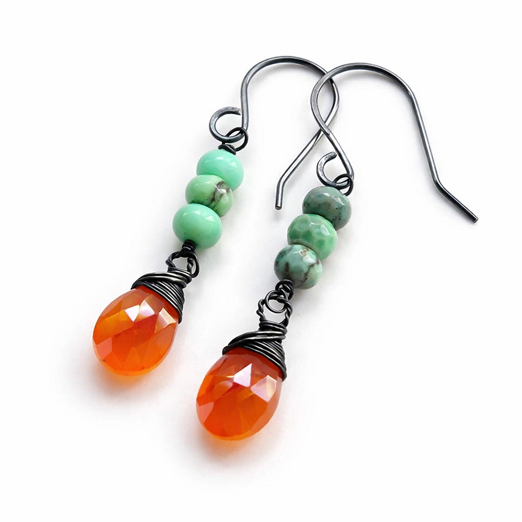 Carnelian and African Turquoise Gemstone Oxidized Sterling Silver Earrings