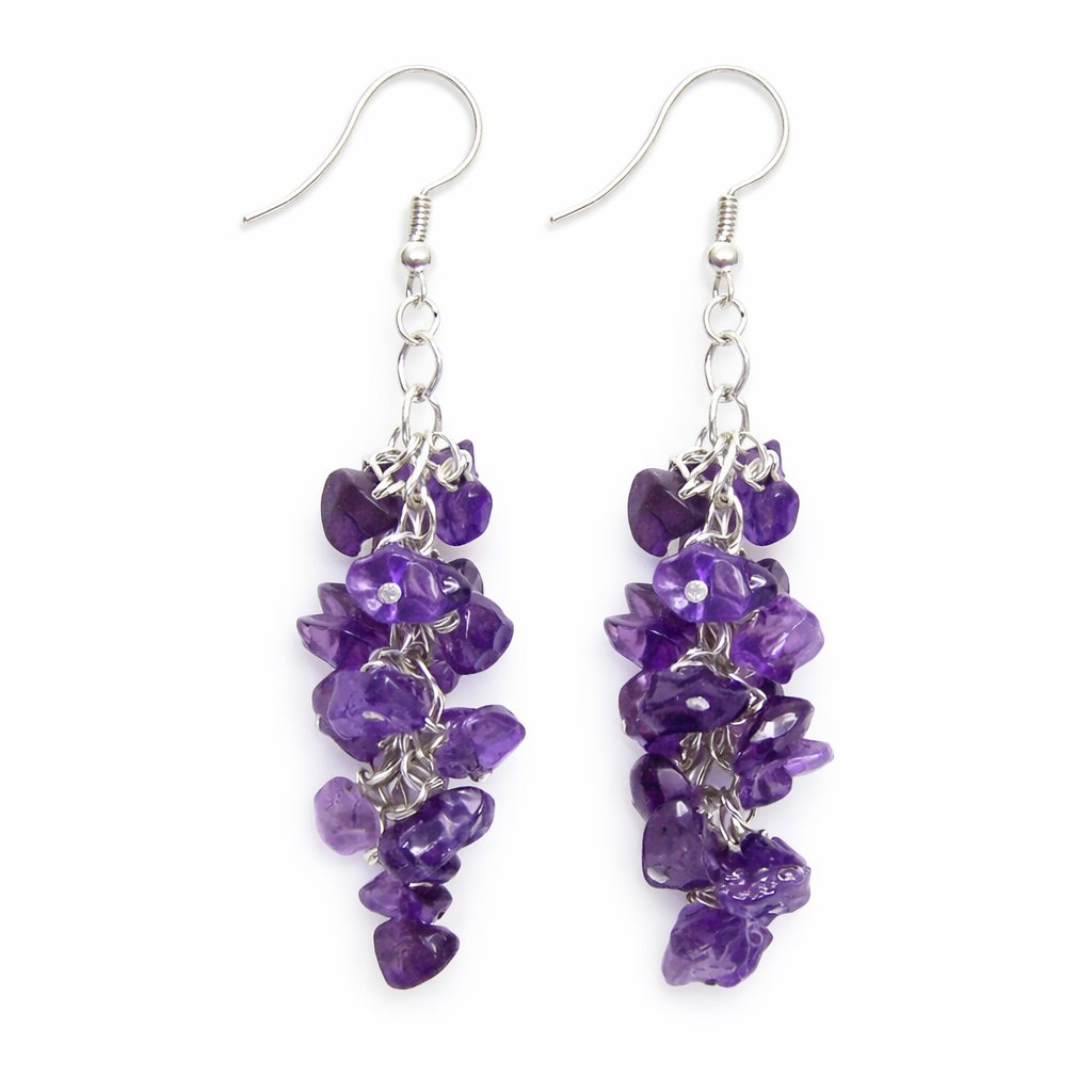 Amethyst Gemstone Wire Wrapped Cluster Sterling Silver Earrings