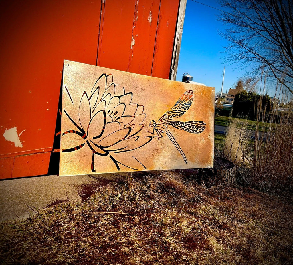 Dragonfly Lotus Steel Wall Art | Garden Panel