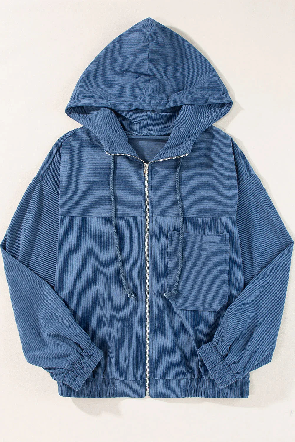 Solid Corduroy Zip-Up Pocketed Hooded Jacket Real Teal