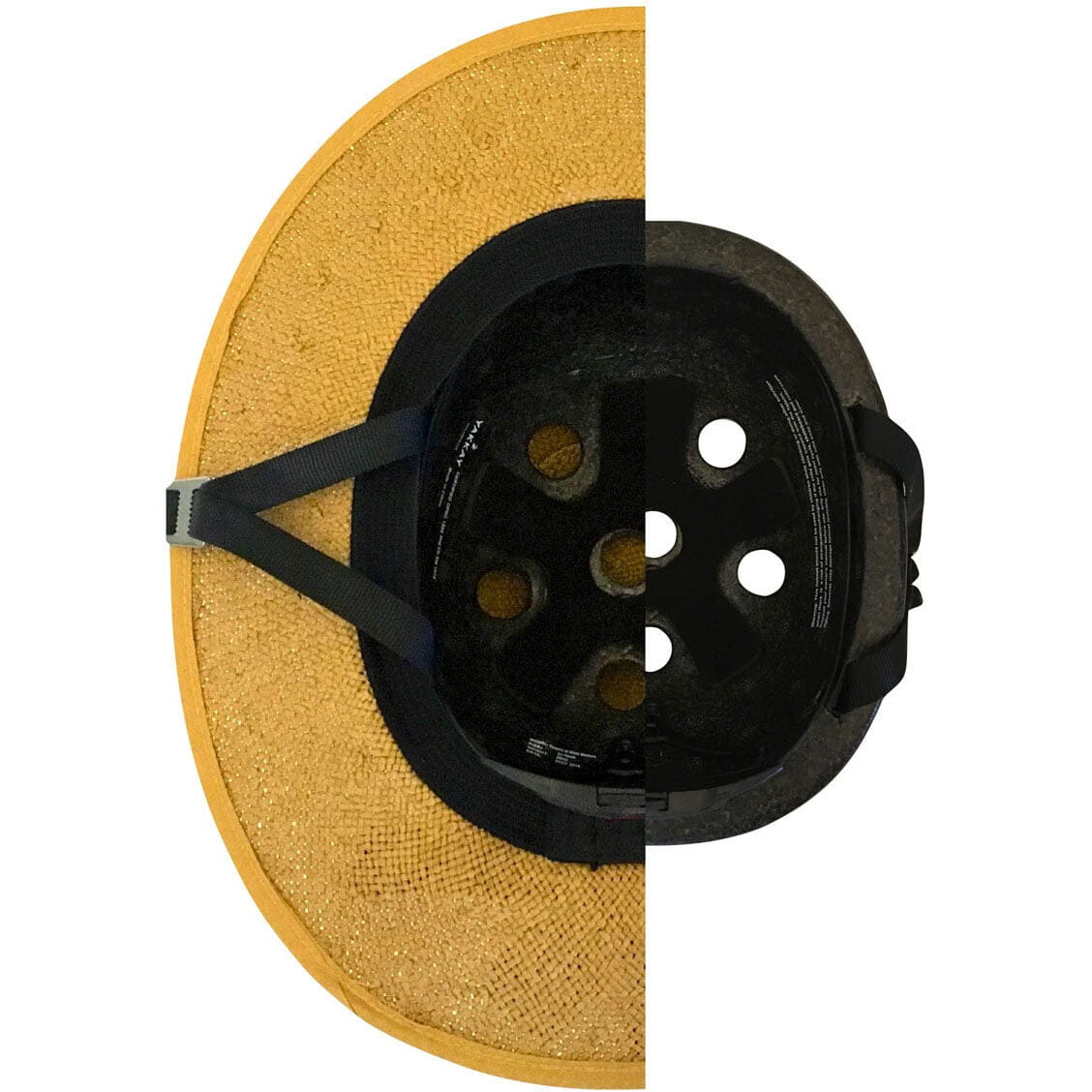 Ivory straw hat helmet cover with yellow woven exterior and black interior