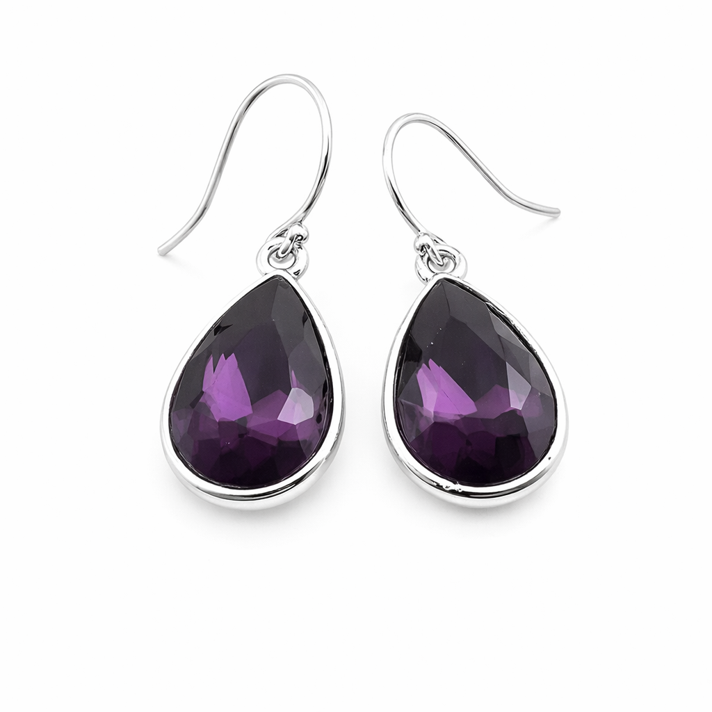 February Birthstone Earrings - Amethyst Crystal Sterling Silver Teardrop Earrings