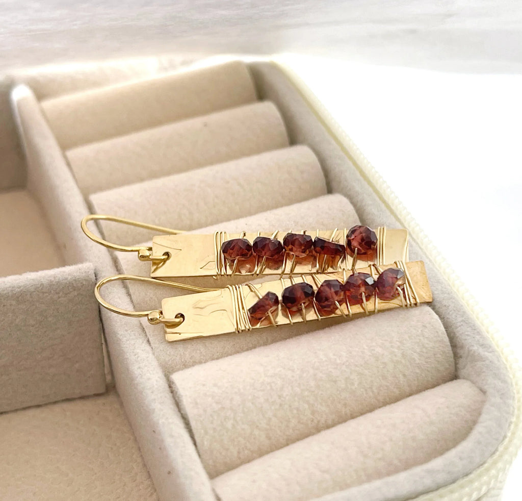 Gold-Filled Hammered Bar Earrings with Garnet (1.5") – One of a Kind