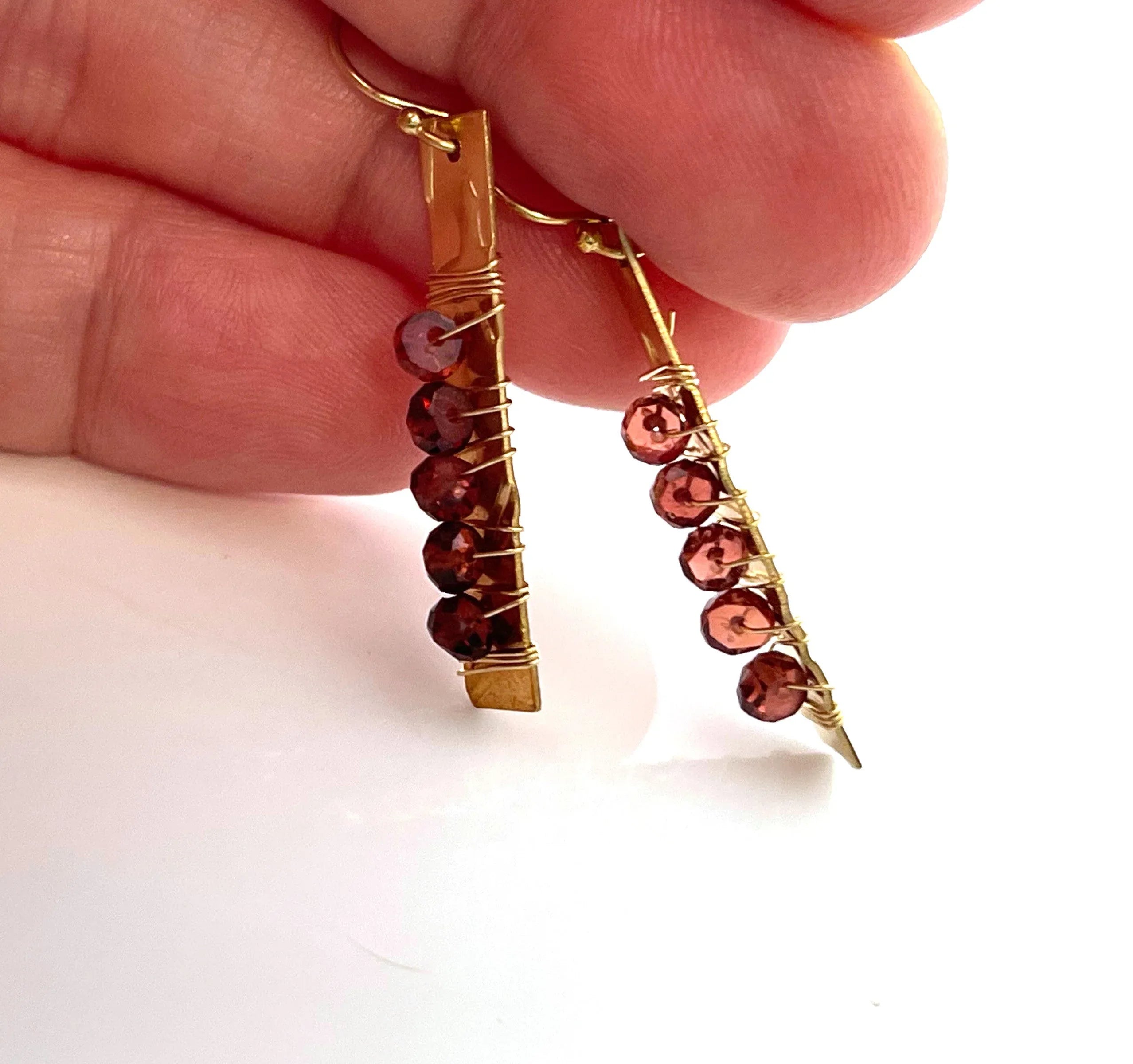 Gold-Filled Hammered Bar Earrings with Garnet (1.5") – One of a Kind