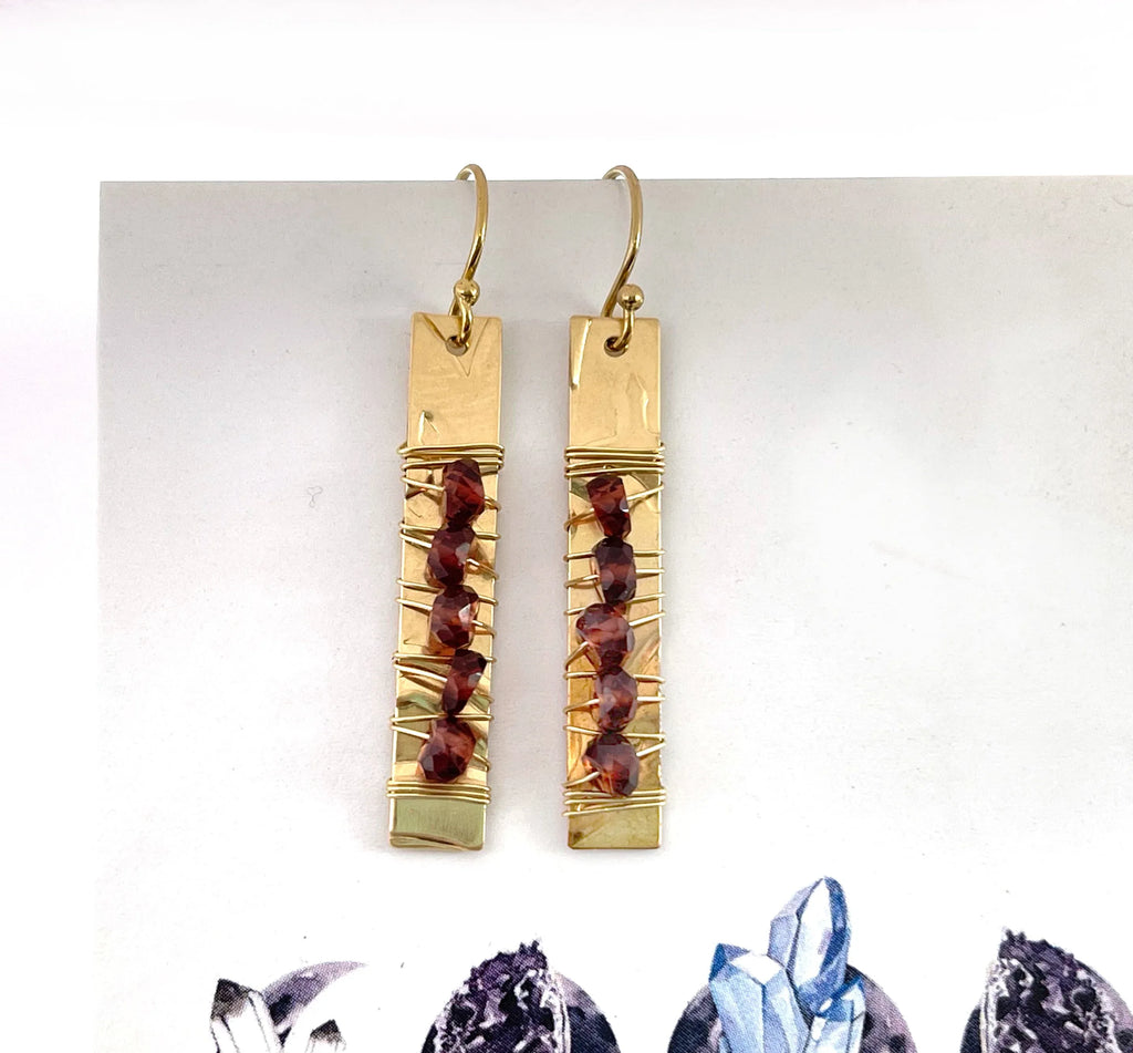 Gold-Filled Hammered Bar Earrings with Garnet (1.5") – One of a Kind