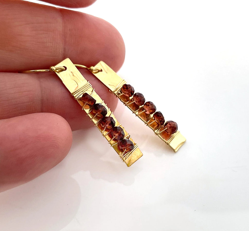 Gold-Filled Hammered Bar Earrings with Garnet (1.5") – One of a Kind