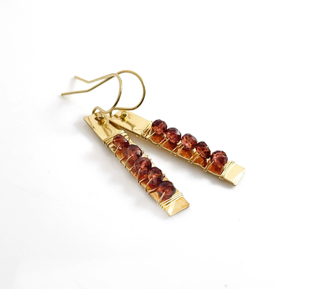 Gold-Filled Hammered Bar Earrings with Garnet (1.5") – One of a Kind
