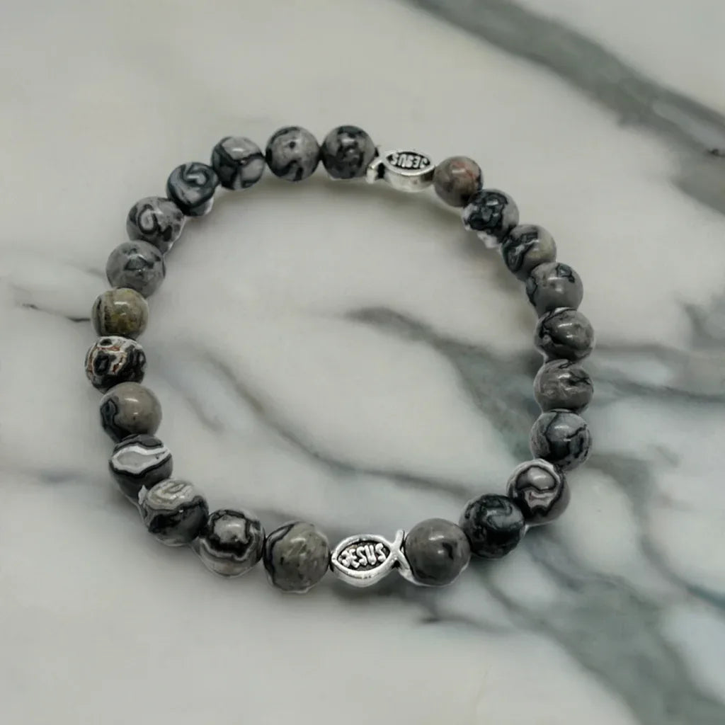 Gray Marble Jesus Fish Bead Bracelet - Unique Christian Jewelry