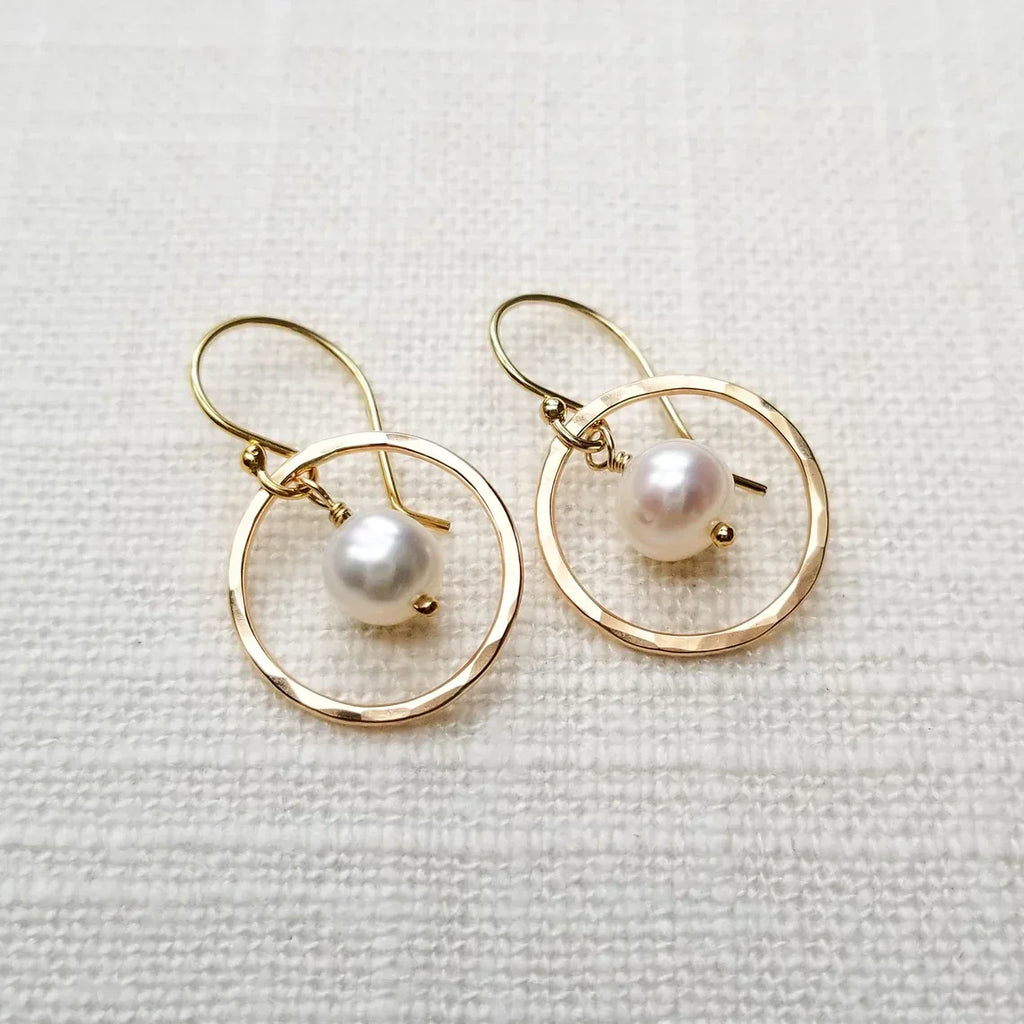 Orbit Pearl Earrings – Hammered Gold Filled Hoops with Freshwater Pearls