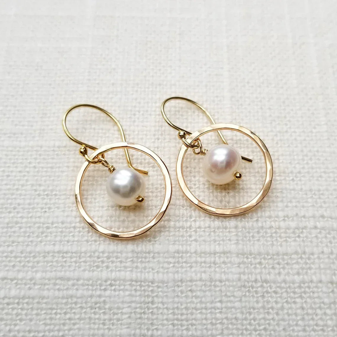 Orbit Pearl Earrings – Hammered Gold Filled Hoops with Freshwater Pearls