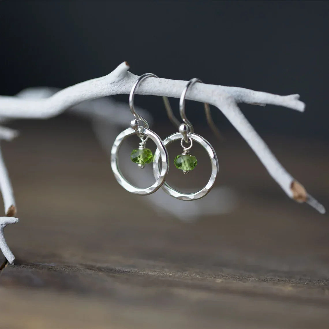 Orbit Peridot Gemstone Earrings – Sterling Silver Hammered Hoops