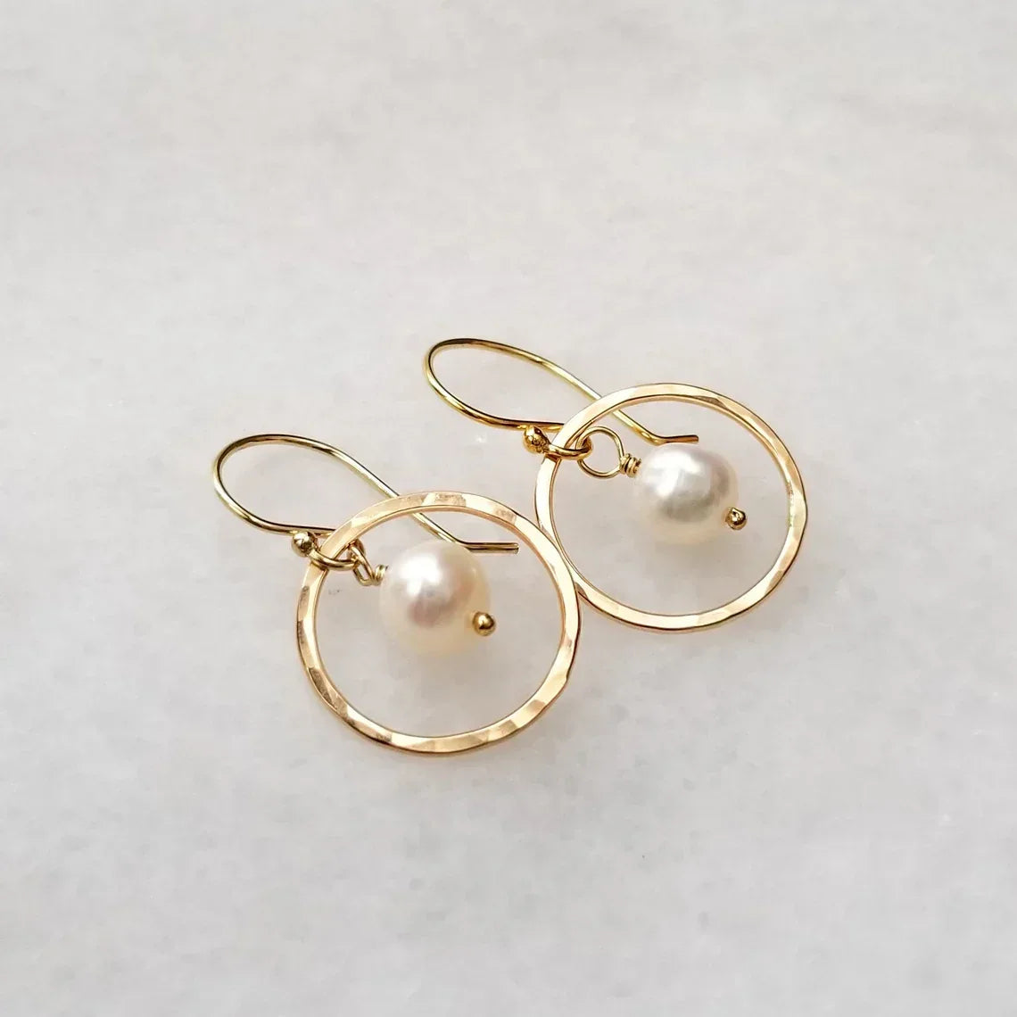 Orbit Pearl Earrings – Hammered Gold Filled Hoops with Freshwater Pearls