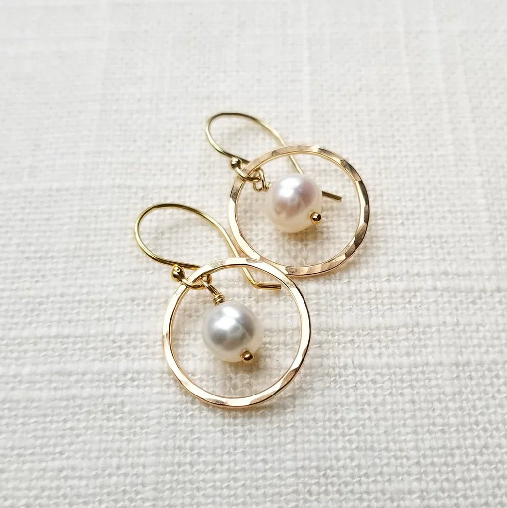 Orbit Pearl Earrings – Hammered Gold Filled Hoops with Freshwater Pearls