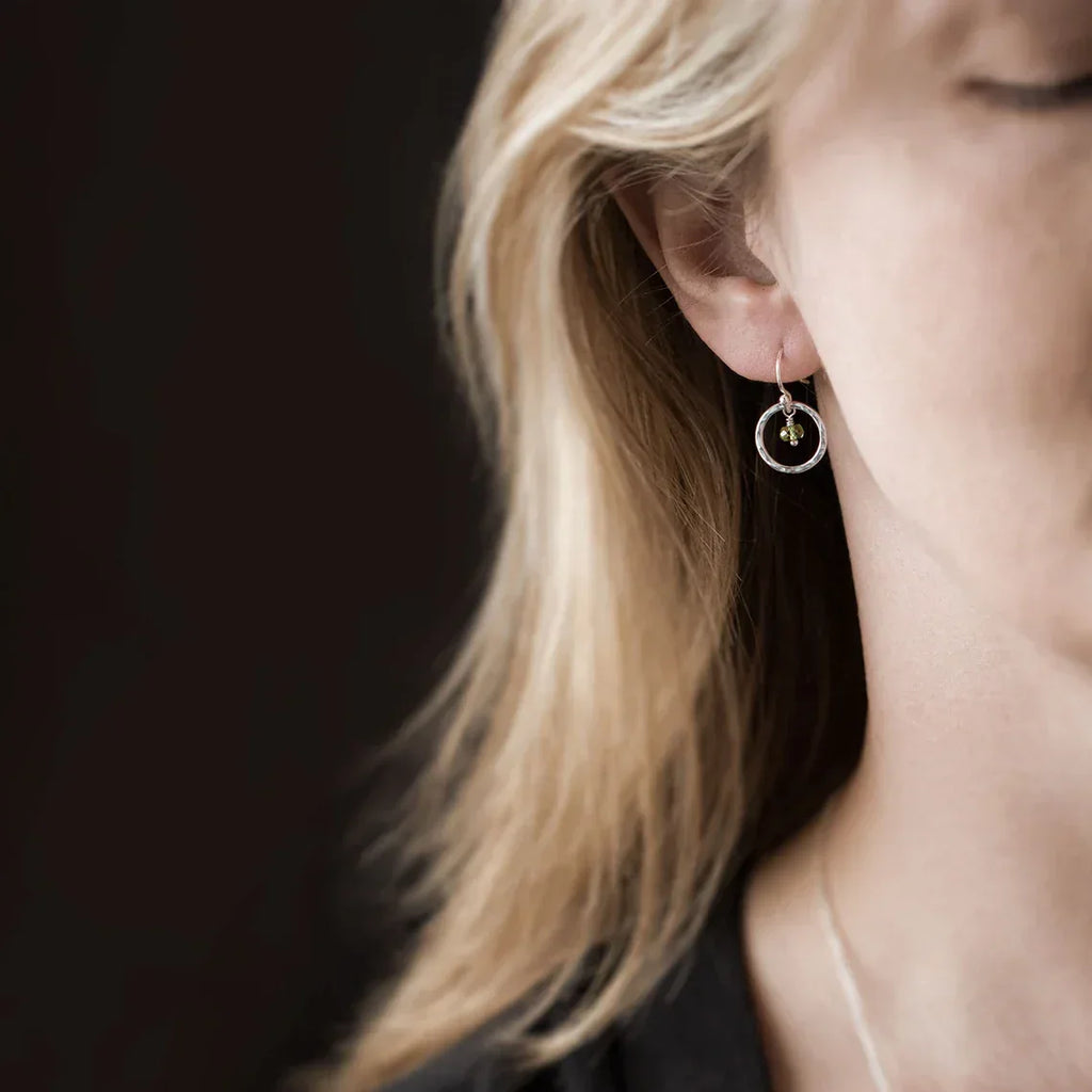 Orbit Peridot Gemstone Earrings – Sterling Silver Hammered Hoops