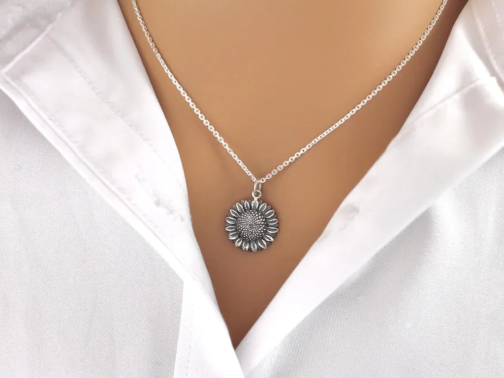 Sterling Silver Sunflower Necklace – 18" Chain, Handmade Jewelry