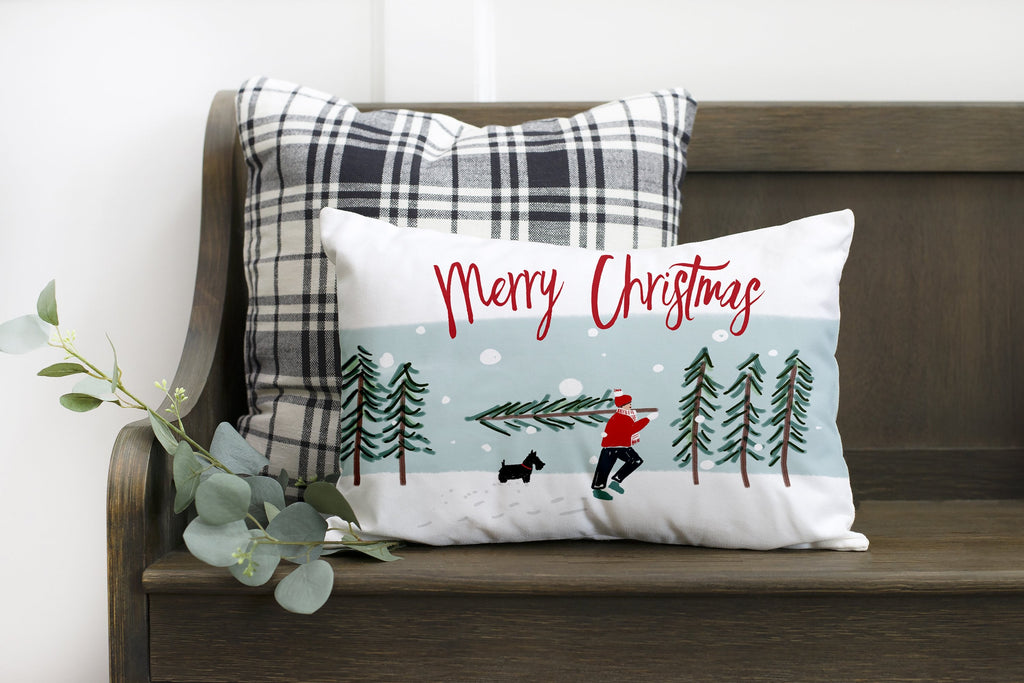 Merry Christmas with Man Carrying Tree- 12x20 inch pillow cover #24