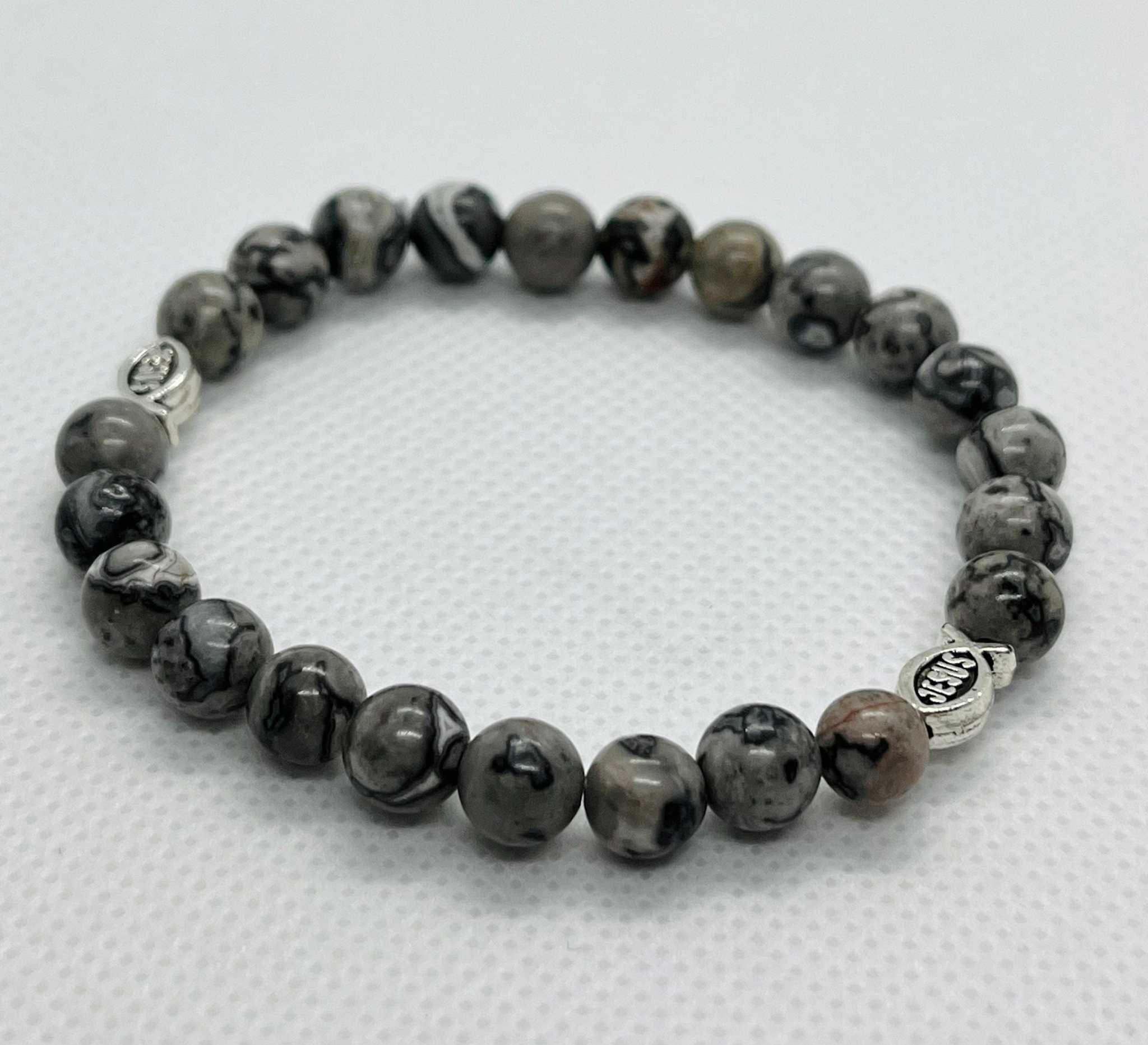 Gray Marble Jesus Fish Bead Bracelet - Unique Christian Jewelry