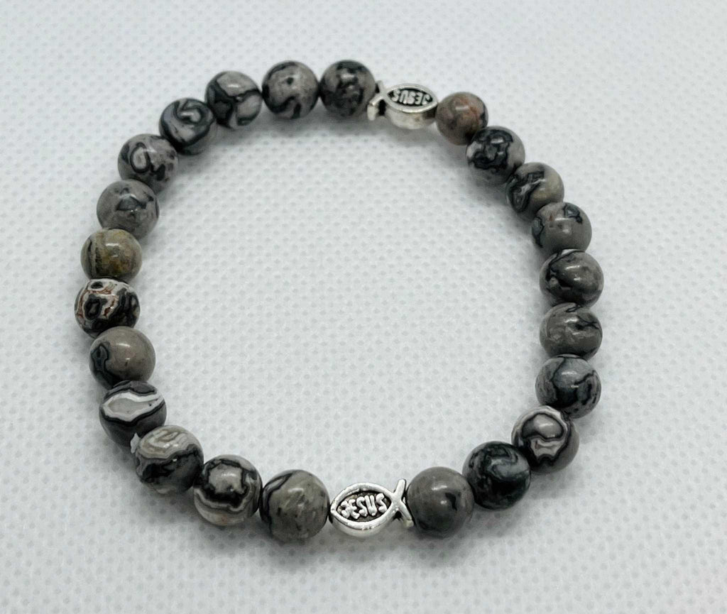 Gray Marble Jesus Fish Bead Bracelet - Unique Christian Jewelry