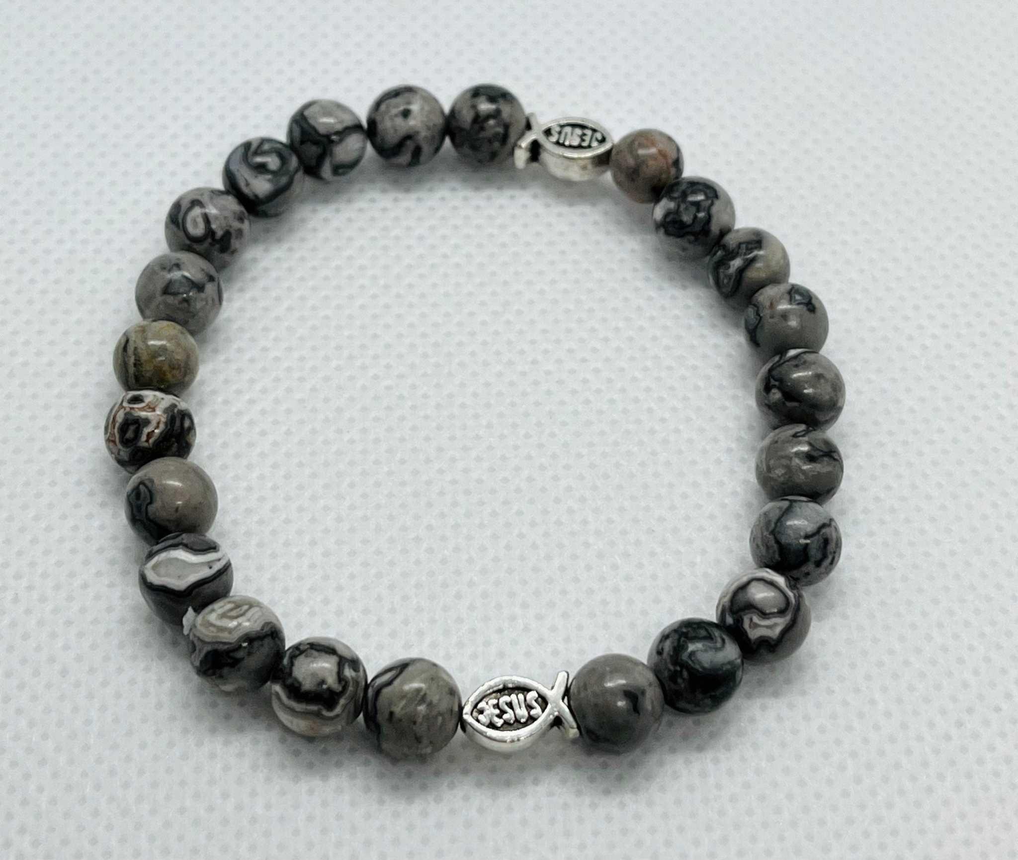Gray Marble Jesus Fish Bead Bracelet - Unique Christian Jewelry