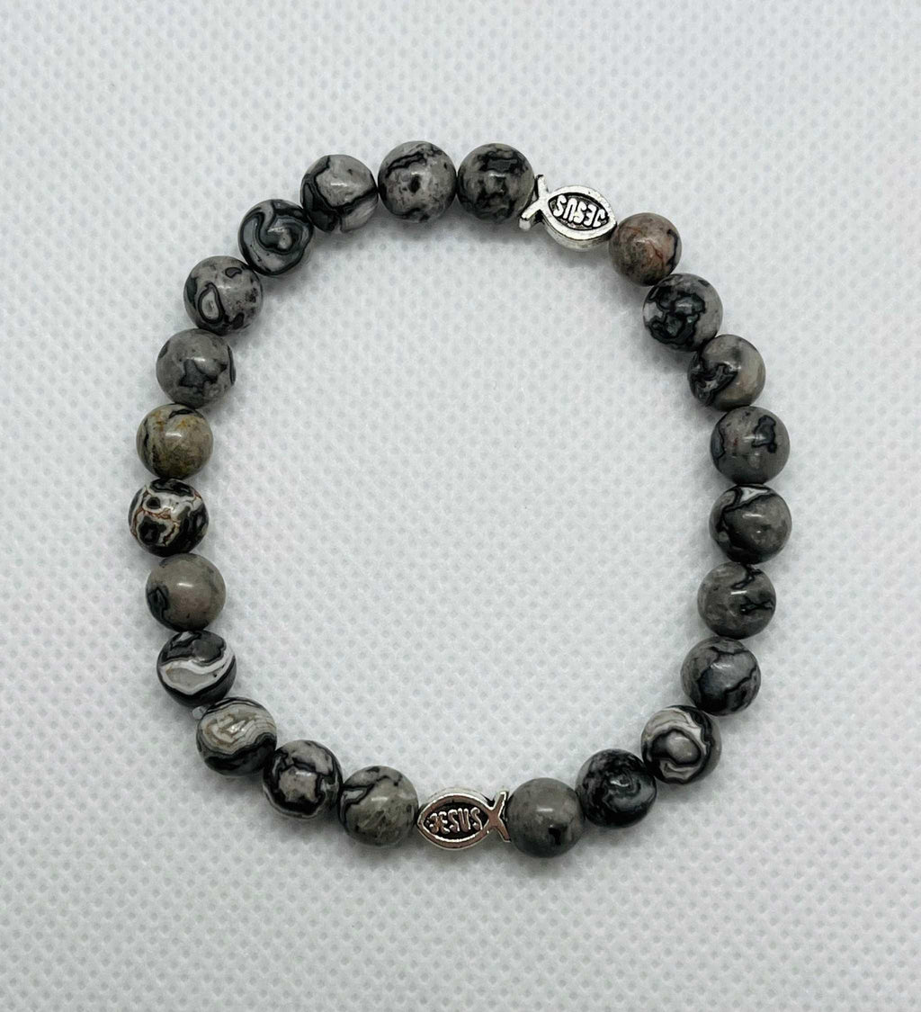 Gray Marble Jesus Fish Bead Bracelet - Unique Christian Jewelry