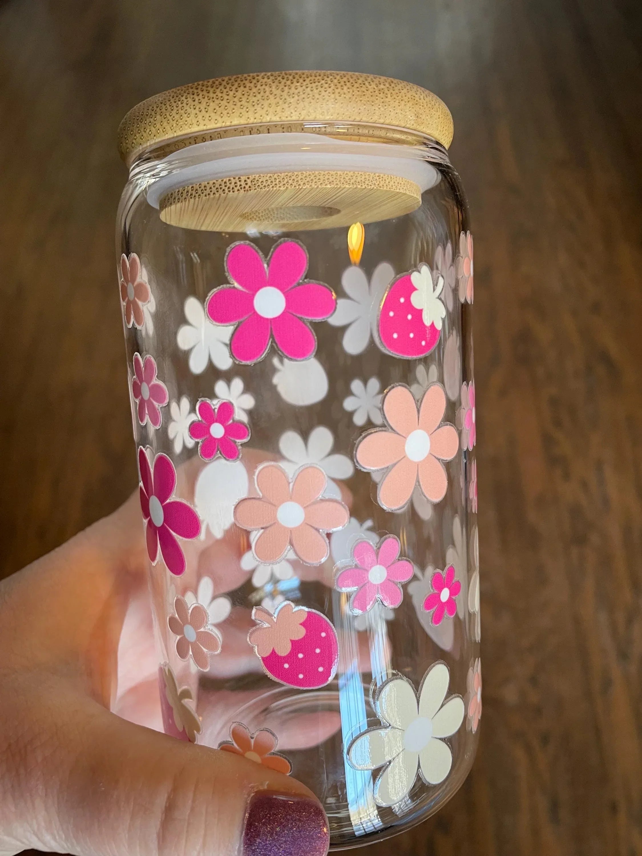 16oz Glass Cup with Lid & Straw Flowers + Berries