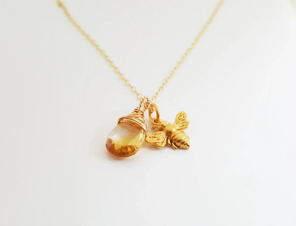 Bee and Citrine Necklace – Dainty 14k Gold Filled November Birthstone Jewelry