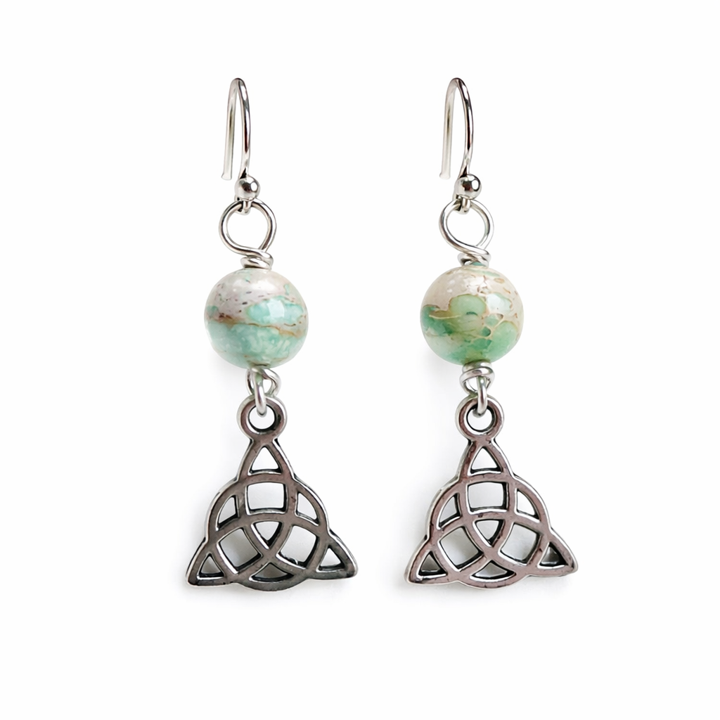 Celtic Charm and Seafoam Green Jasper Sterling Silver Earrings
