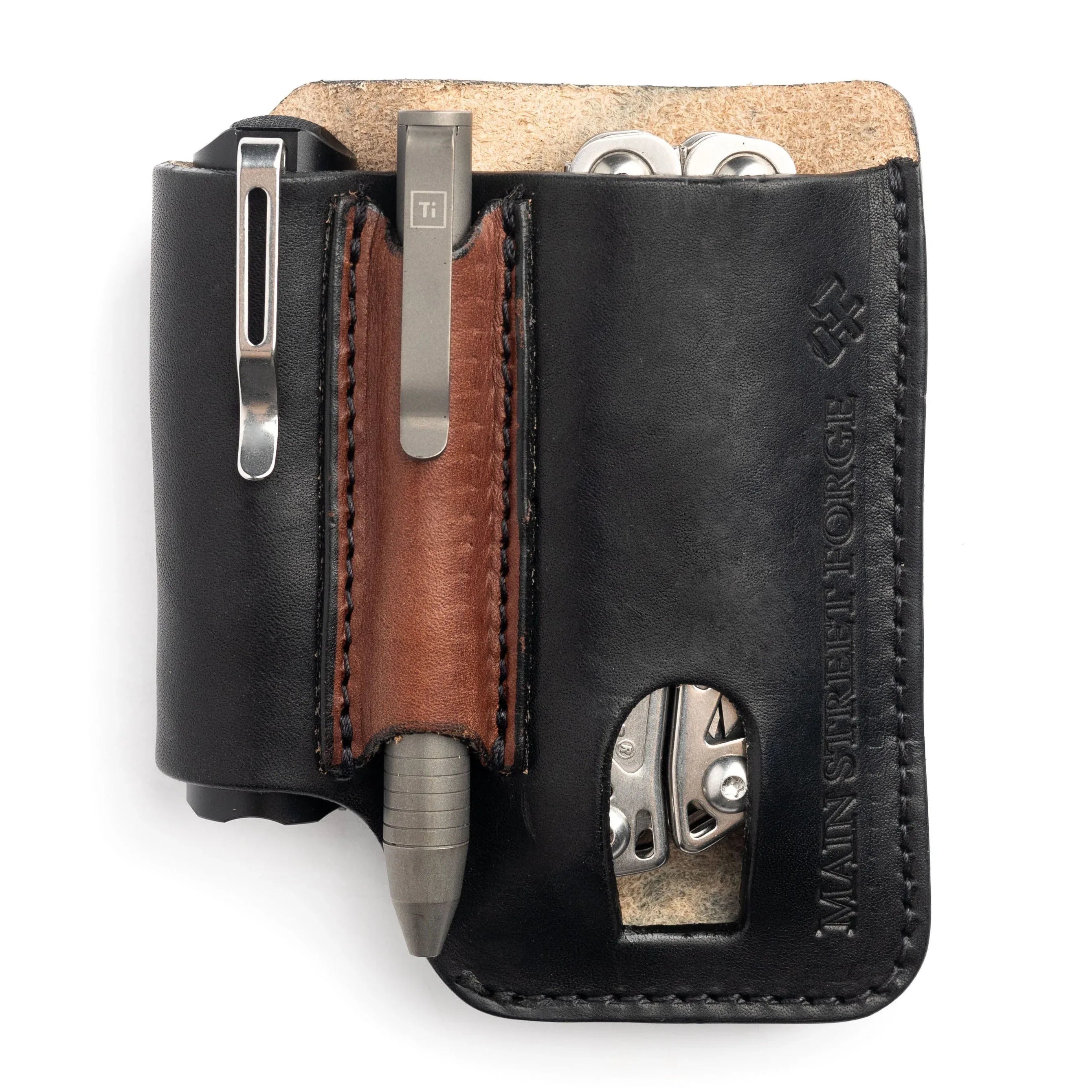 Leather EDC Pouch - Belt clip Multitool, Flashlight & Pen Sheath Midnight Black