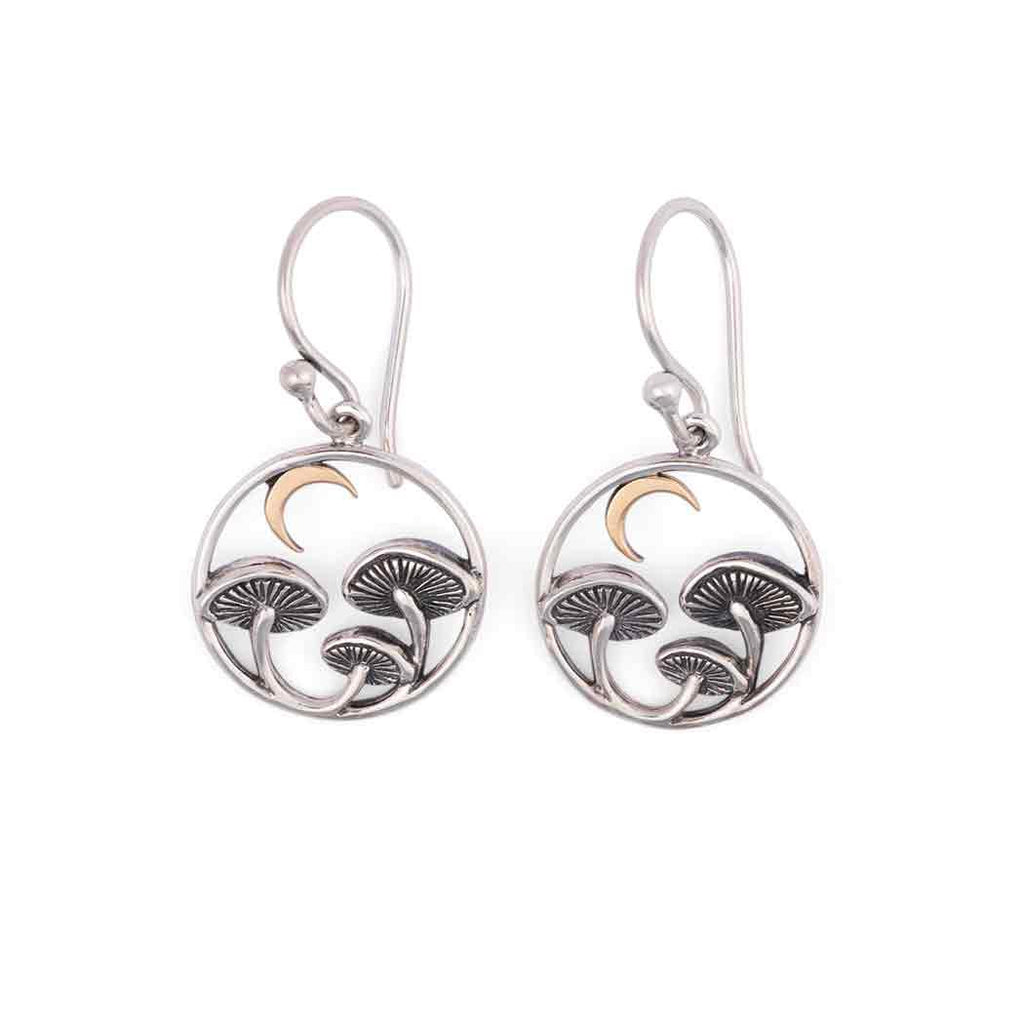 Silver Mushroom & Bronze Moon Dangle Earrings – Woodland Celestial Jewelry