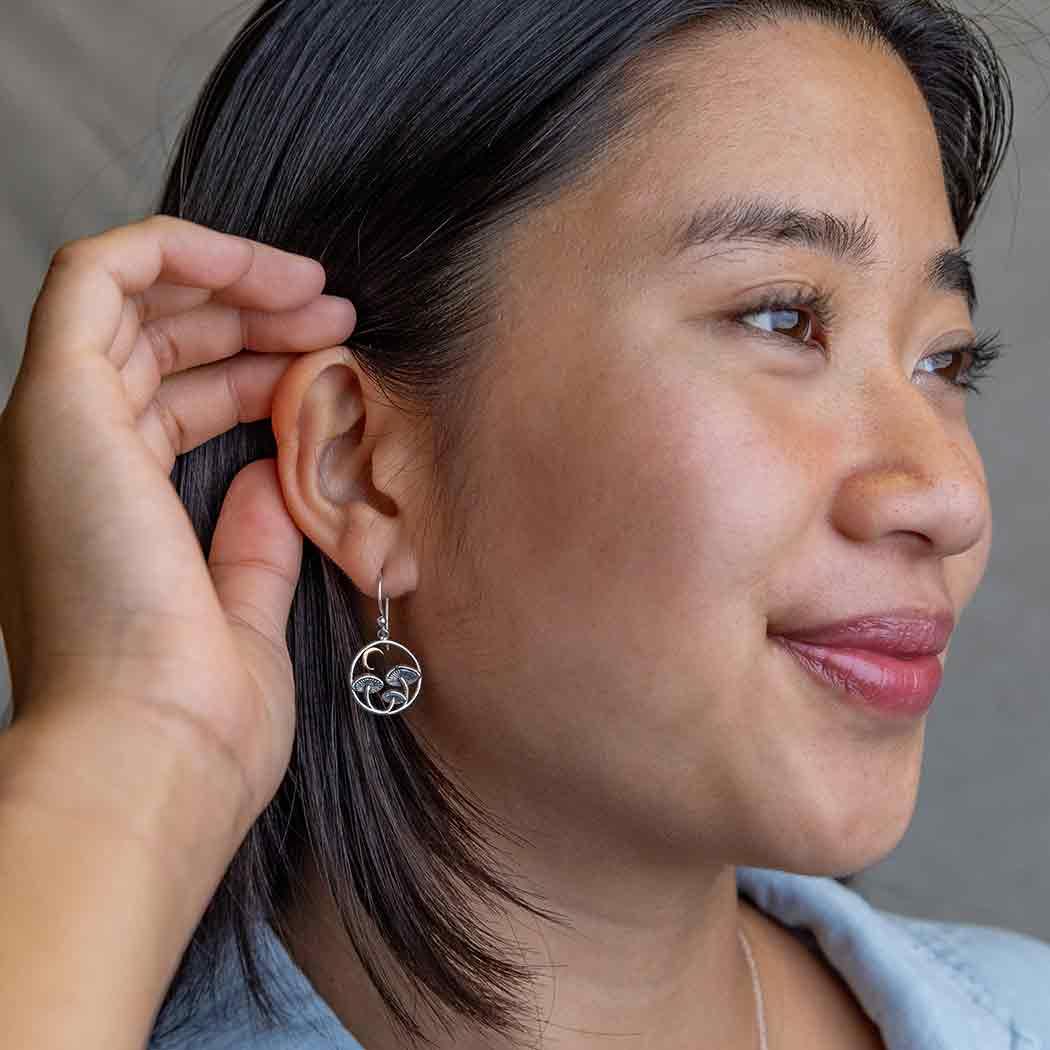 Silver Mushroom & Bronze Moon Dangle Earrings – Woodland Celestial Jewelry