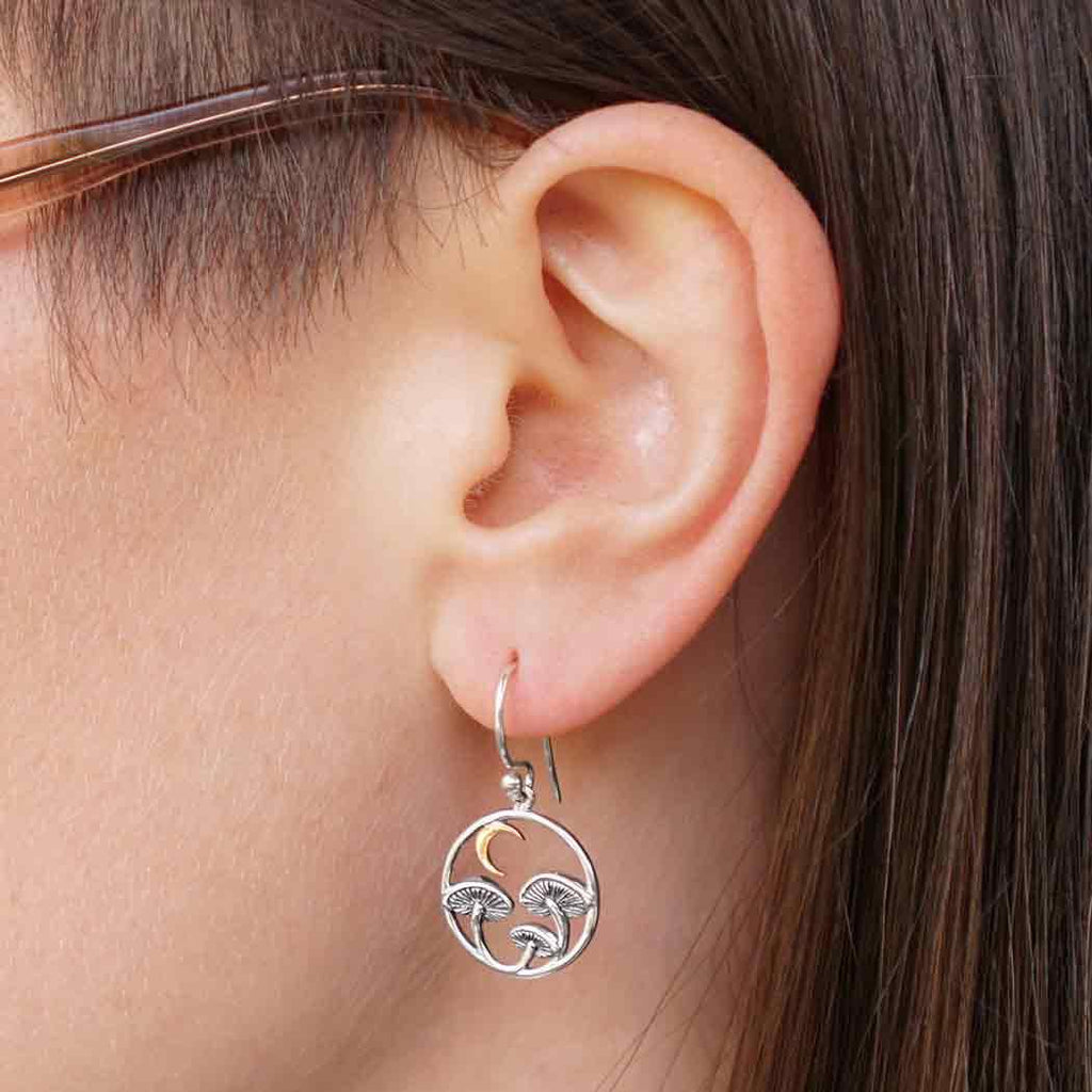 Silver Mushroom & Bronze Moon Dangle Earrings – Woodland Celestial Jewelry