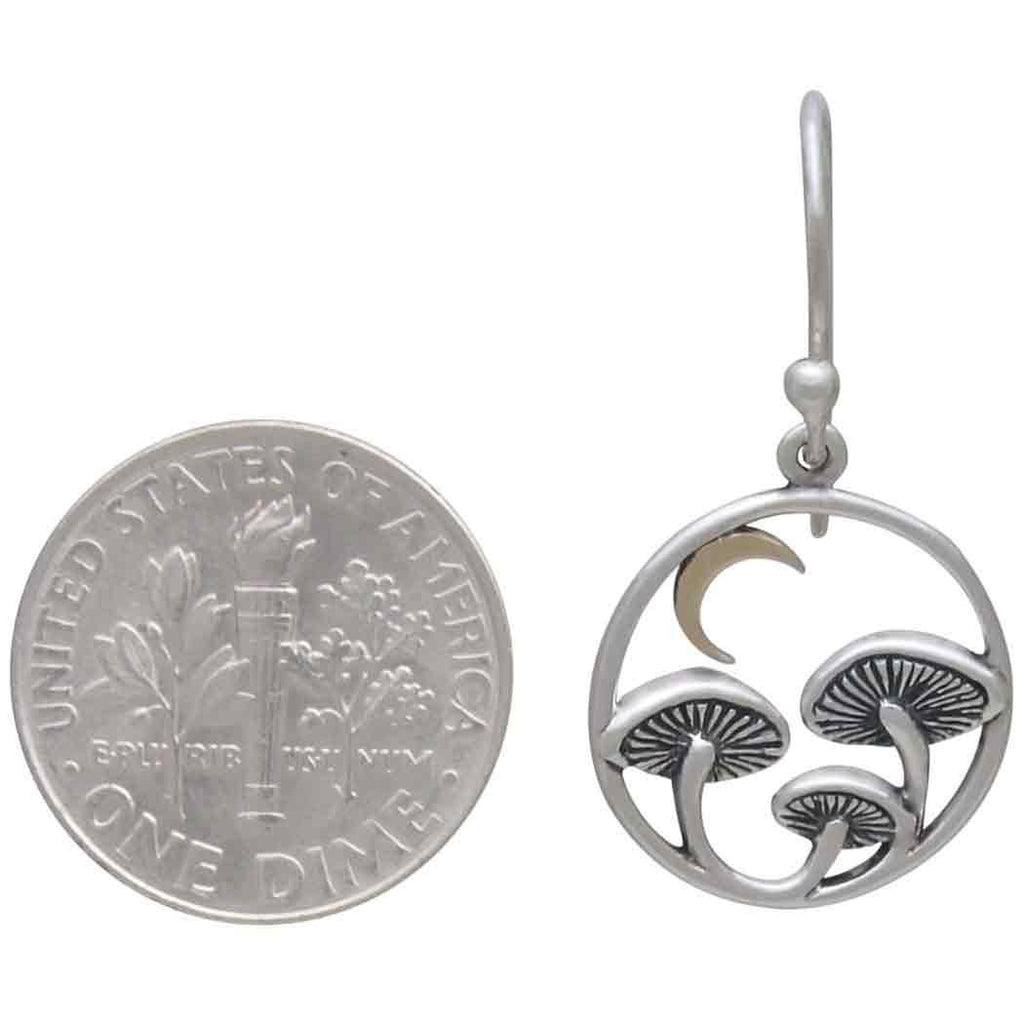Silver Mushroom & Bronze Moon Dangle Earrings – Woodland Celestial Jewelry