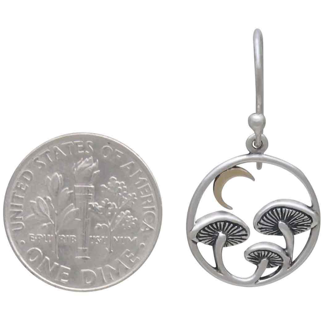 Silver Mushroom & Bronze Moon Dangle Earrings – Woodland Celestial Jewelry