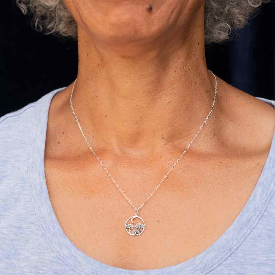 Sterling Silver Mushroom & Bronze Moon Necklace – Woodland Witchy Jewelry