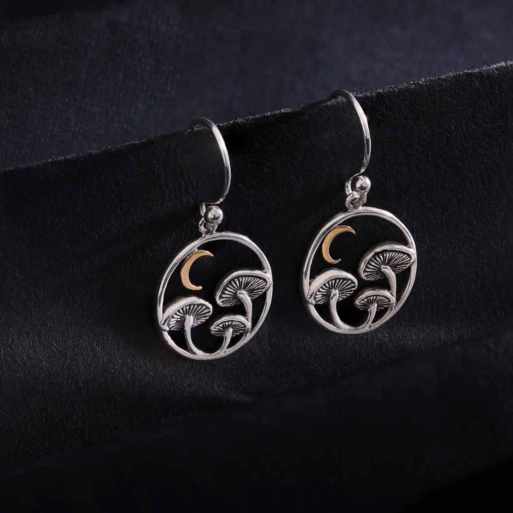 Silver Mushroom & Bronze Moon Dangle Earrings – Woodland Celestial Jewelry