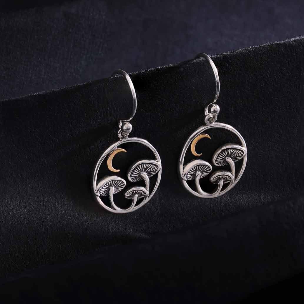 Silver Mushroom & Bronze Moon Dangle Earrings – Woodland Celestial Jewelry
