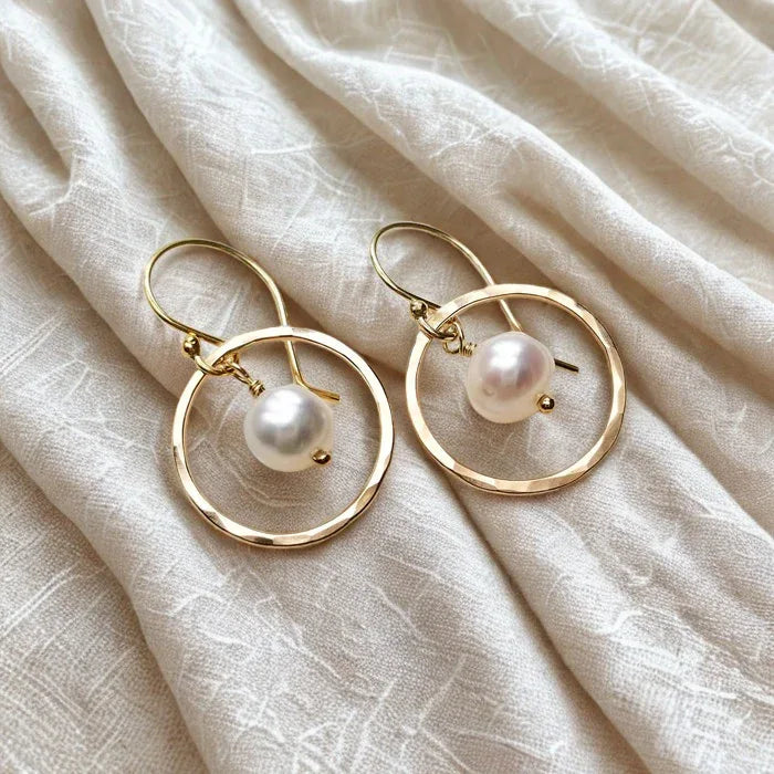 Orbit Pearl Earrings – Hammered Gold Filled Hoops with Freshwater Pearls