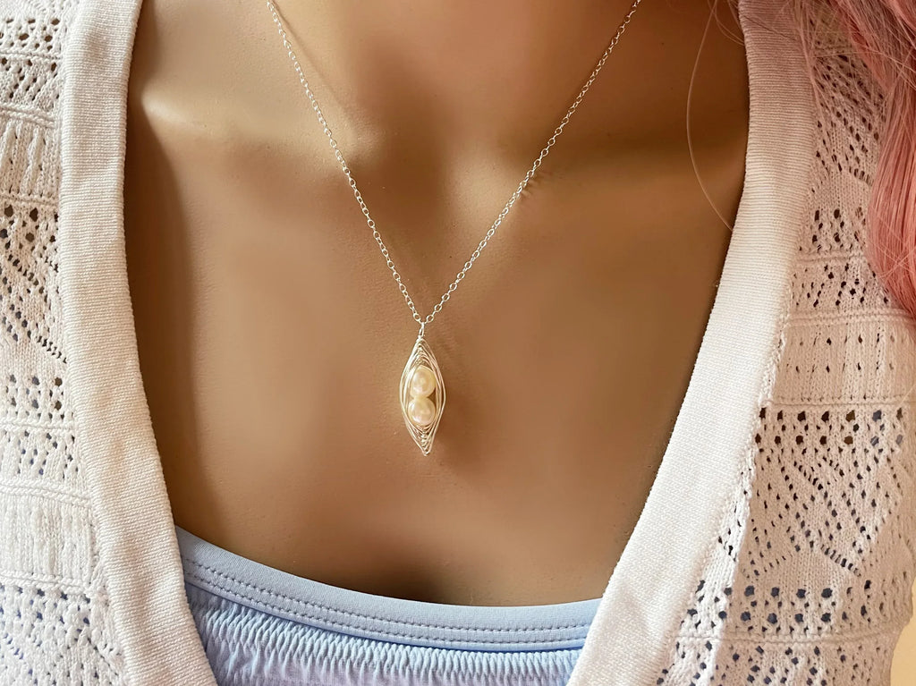 Peapod Necklace Freshwater Pearl Sterling Silver Wire Wrapped Jewelry