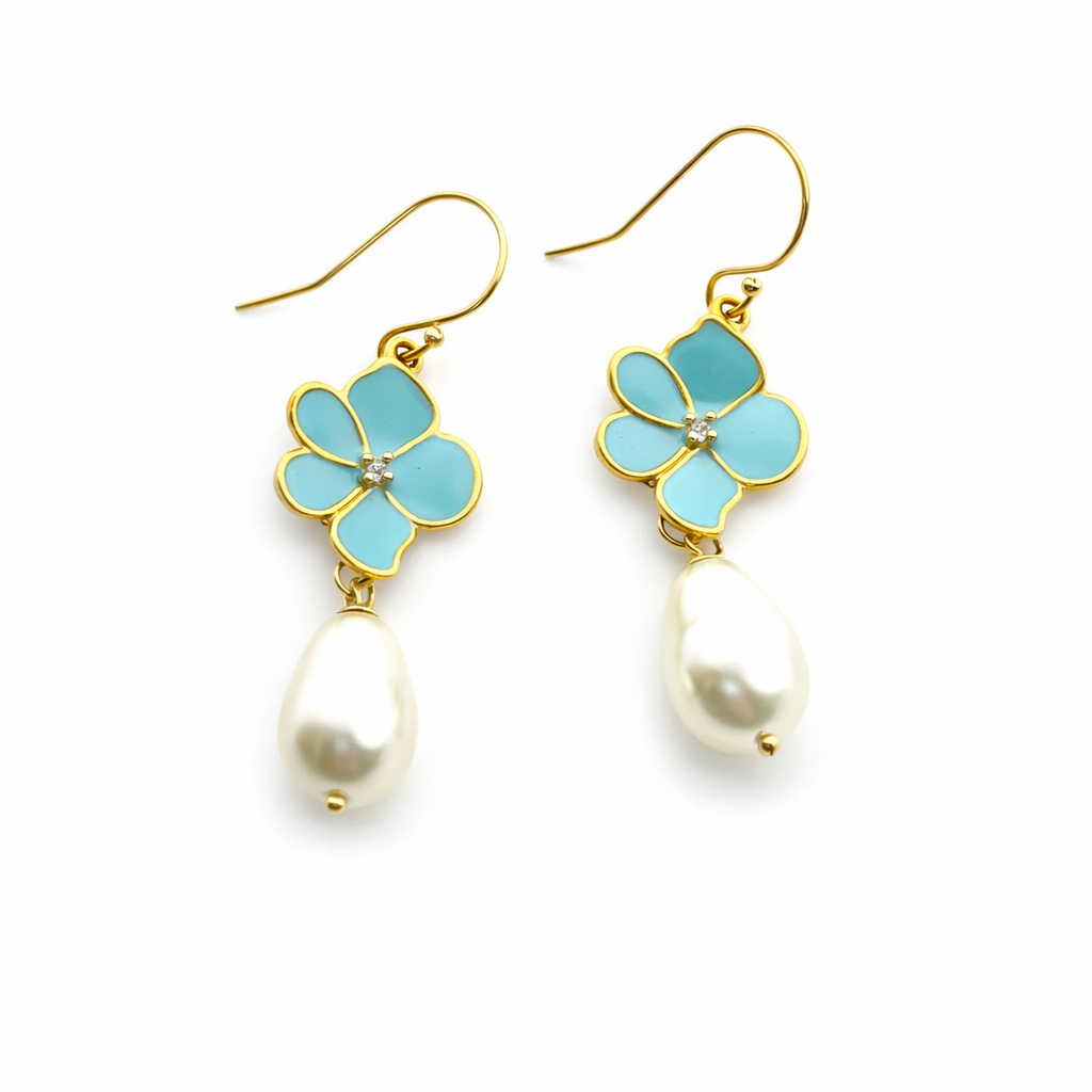 Aqua Flower and Glass Pearl Earrings in 14k Gold Fill