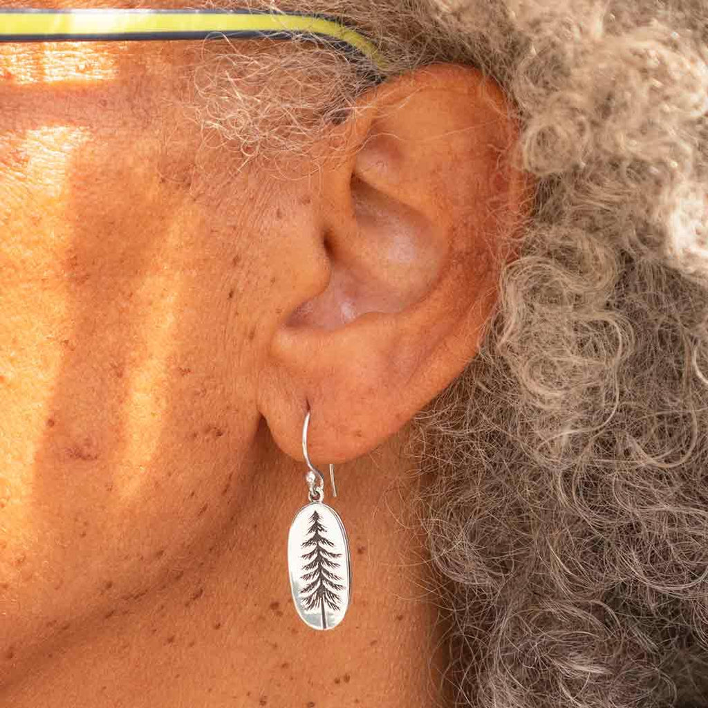 Sterling Silver Oval Pine Tree Dangle Earrings 34x10mm