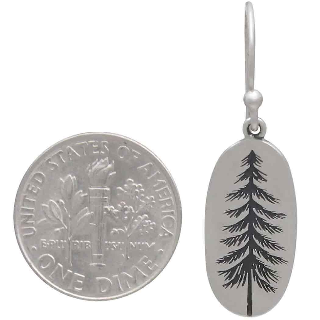 Sterling Silver Oval Pine Tree Dangle Earrings 34x10mm
