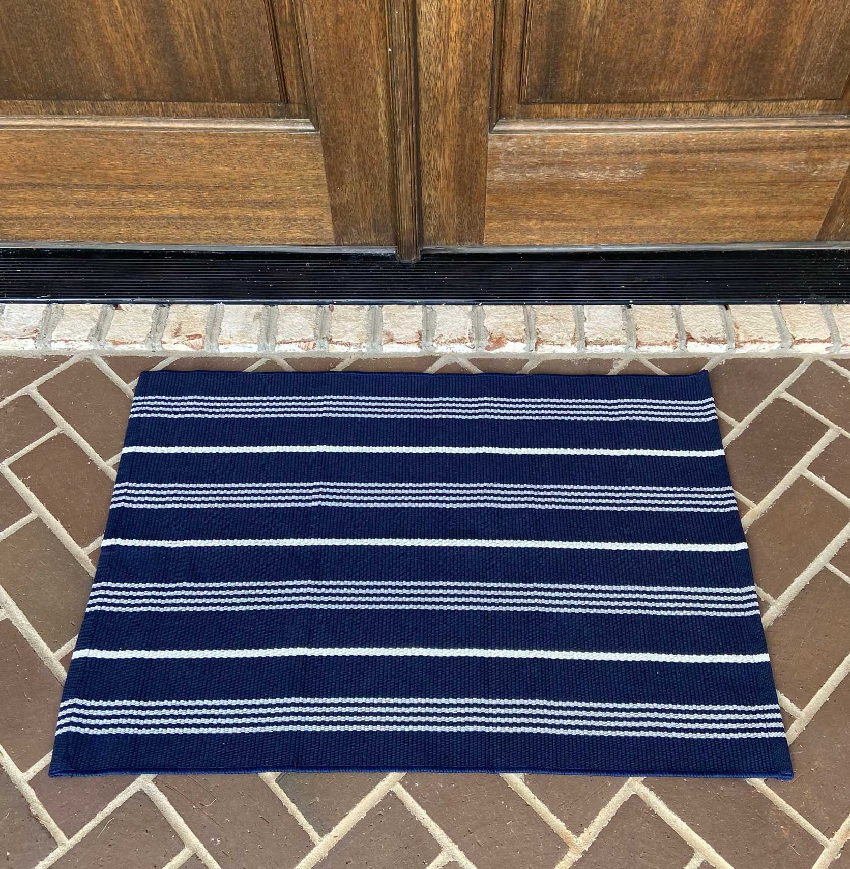 Modern Farmhouse Rug- Woven Rug- Navy with White Stripes Style 9