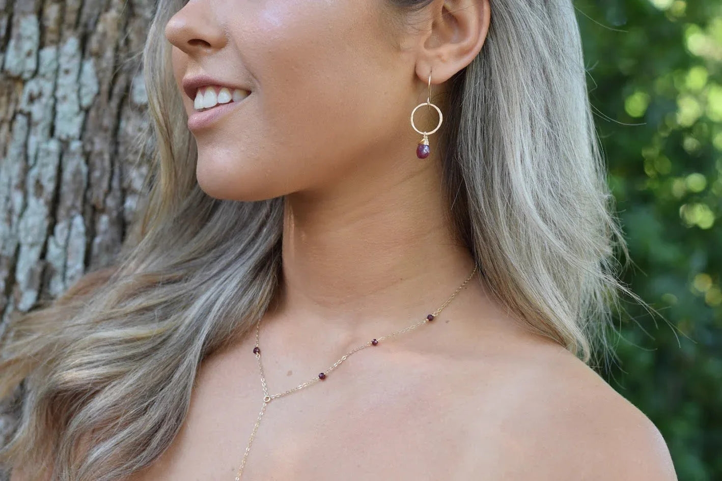 Ruby Quartz Earrings - 14k Gold Fill Earrings - Hammered Gemstone Hoop Earrings