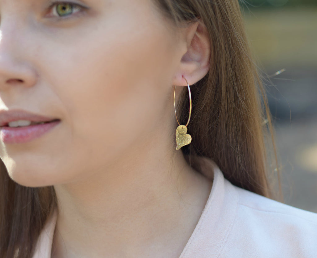 Sweetheart Earrings - Hammered Heart Hoop Earrings - Handmade Hoops