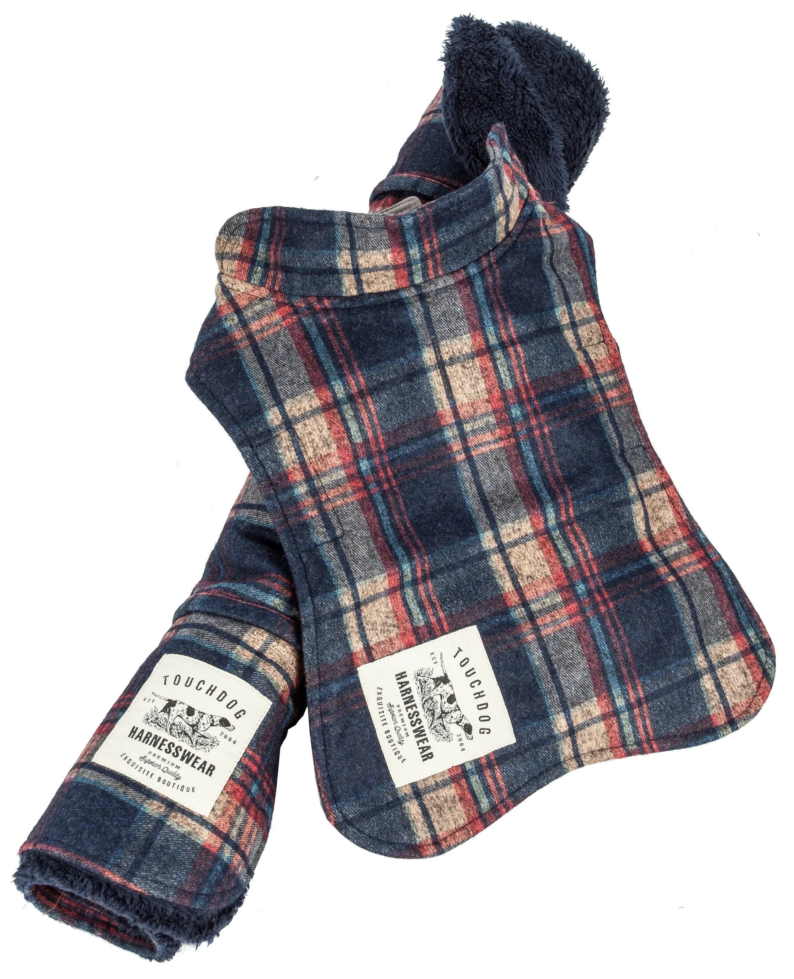 Touchdog ® 2-In-1 Tartan Plaid Dog Jacket and Matching Reversible Dog Mat Navy Plaid