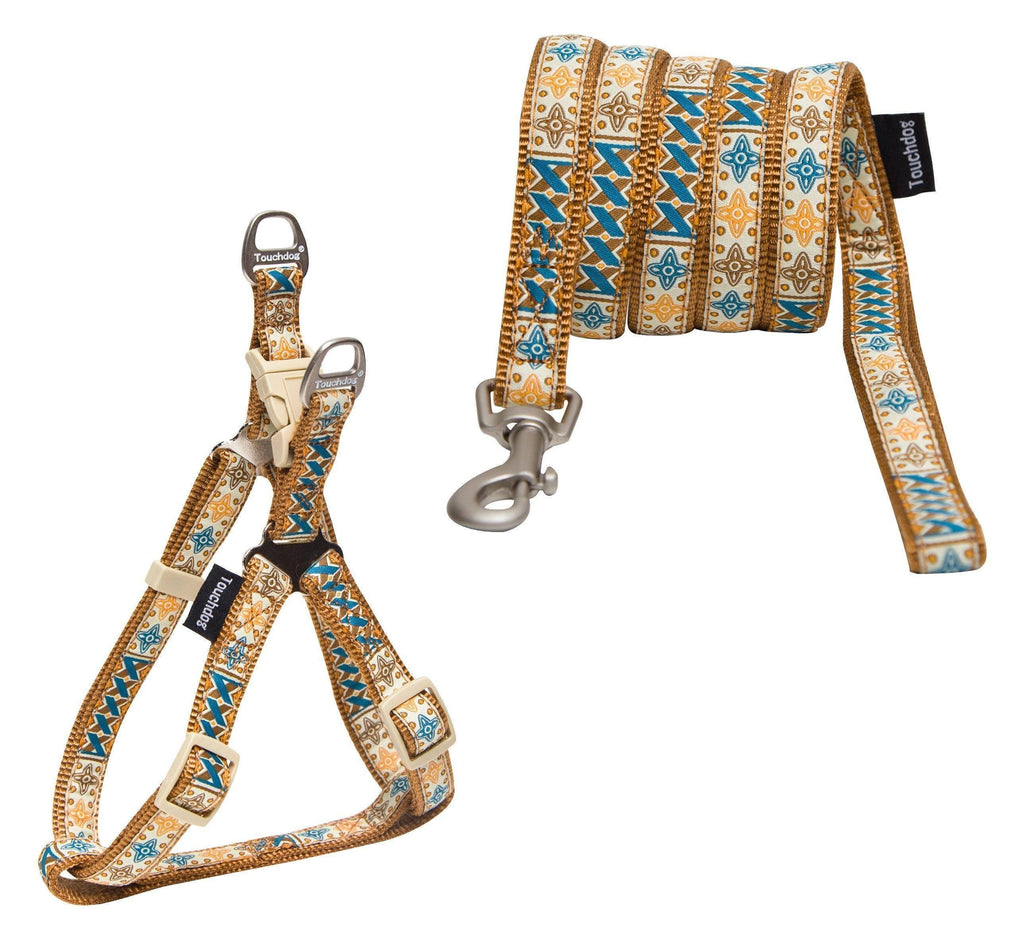 Touchdog ® 'Caliber' Embroidered Designer Fashion Pet Dog Leash and Harness Combination Brown Pattern