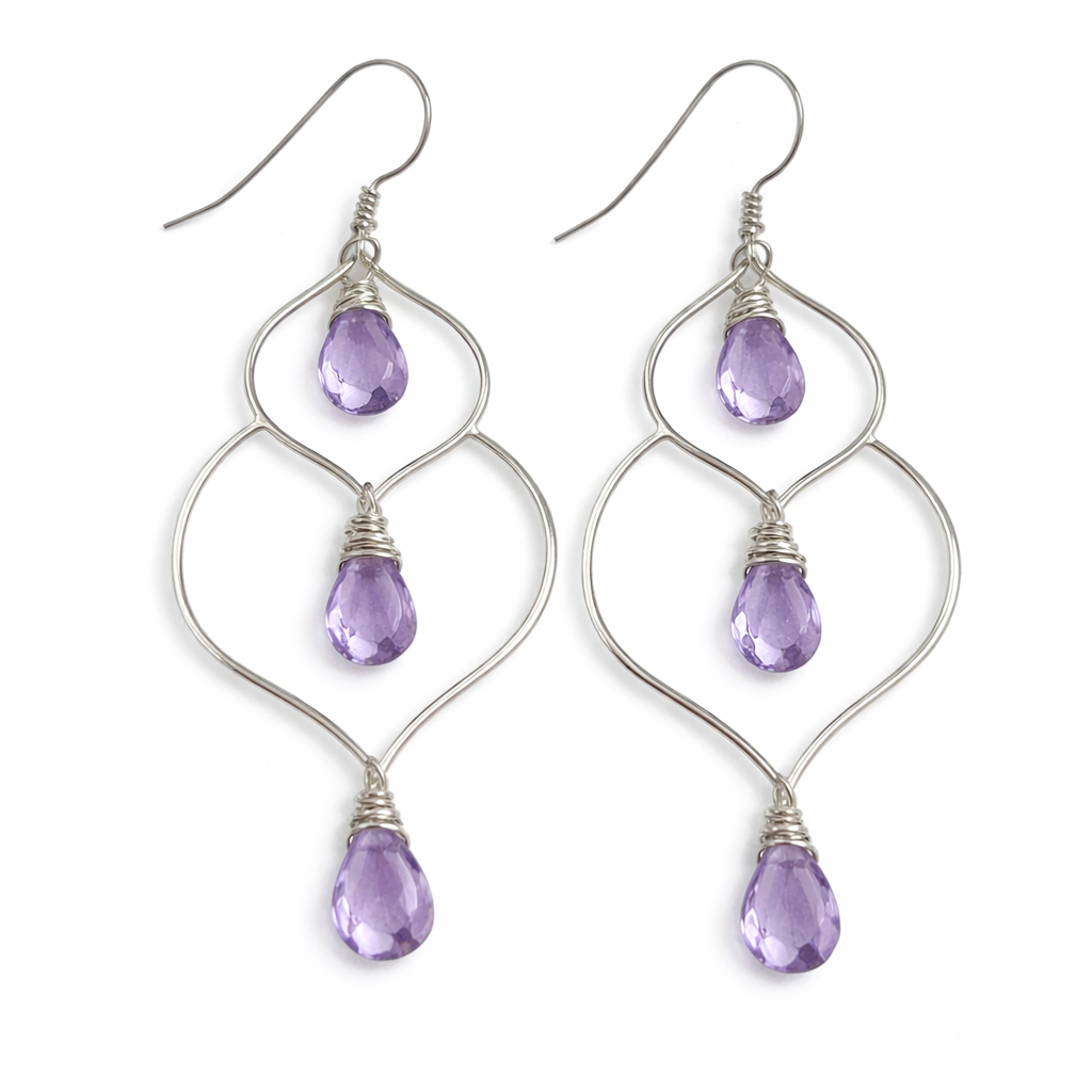 Amethyst Trio Drop Wire Wrapped Sterling Silver Earrings