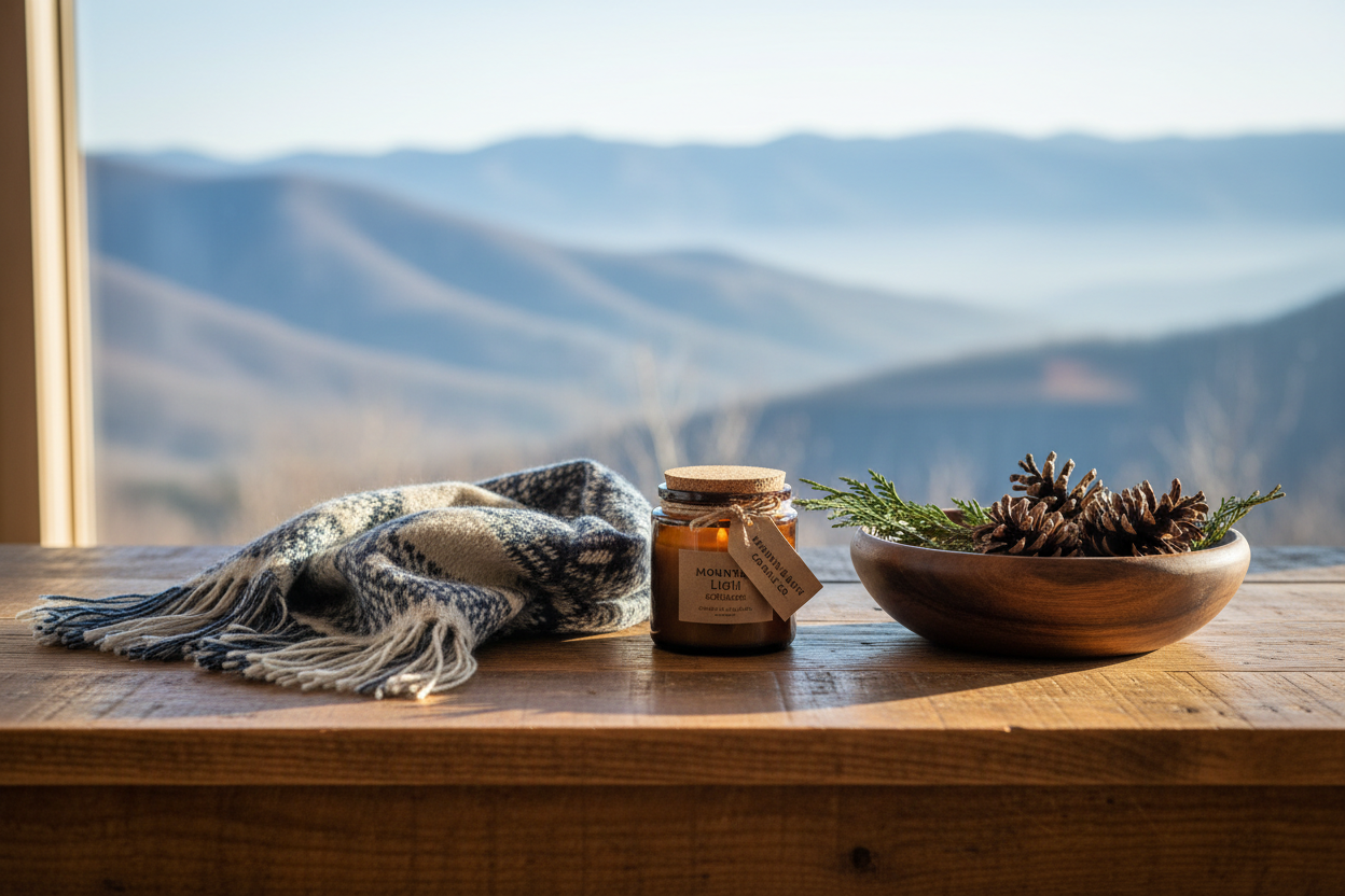 Warm rustic mountain mercantile scene with woven textile and handmade candle