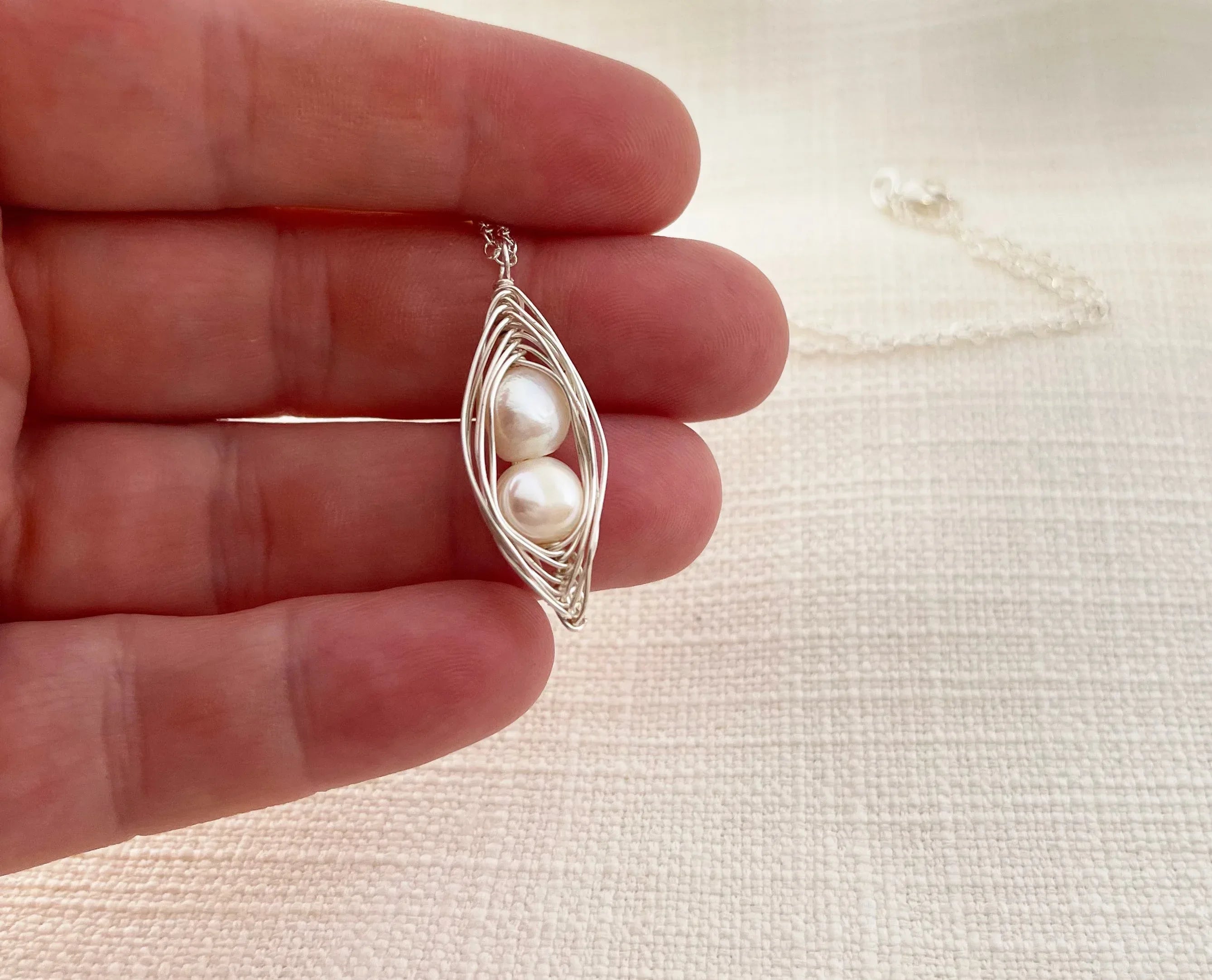Peapod Necklace Freshwater Pearl Sterling Silver Wire Wrapped Jewelry